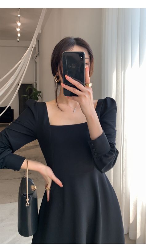 Long Frock Korean Style, Black Square Neck Dress Outfit, Black Square Neck Dress Long Sleeve, Square Neck Black Dress With Sleeves, Black Western Dress For Women, Belle Sleeve Dress, Full Sleeve Dress Short, Black Dress Pakistani Style Simple, Black Drees Korean Style