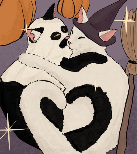 Two cats hugging making a heart with their tails dressed up in Halloween costumes. The one on the left is dressed up as a ghost and the one on the right as a witch Halloween Matching, Halloween Cats, Matching Pfps, Cat Drawing, Halloween Cat, Matching Pfp, Matching Icons, Feline, Halloween