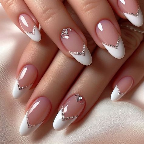 #nails #stylish_nails #nude #viva Nail Polish French Tip Ideas, Stone Nail Art Design, Stone Nail Designs, Nude Acrylic Nails With Design, French Nails Wedding, Short Bridal Nails, Nails Trendy Short, French Tip Black, French Tip Coffin Nails