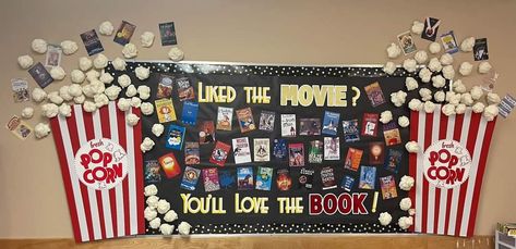 Netflix Theme, English Day, Fair Theme, School Library Displays, Library Bulletin Board, Movie Popcorn, Library Themes, Red Ribbon Week, Library Bulletin Boards