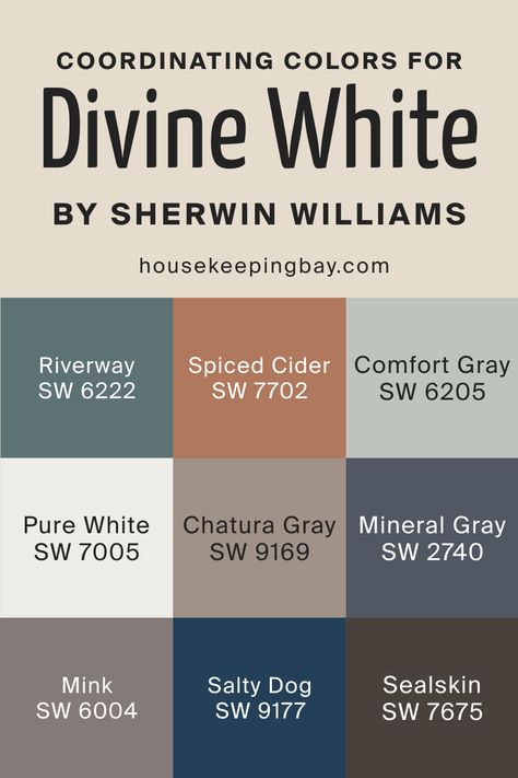 Divine White Coordinating Colors, Sw Divine White, Spiced Cider Sherwin Williams, Divine White Sherwin Williams, Coordinating Paint Colors, Farmhouse Color Scheme, Divine White, Farmhouse Color, Mineral Gray