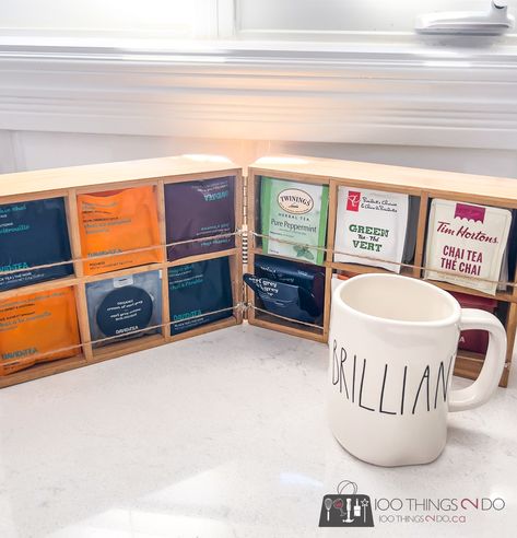 Diy Dollar Tree Tea Organizer, Diy Tea Box Storage, Tea Bag Organizer Ideas, How To Store Tea Bags, Tea Storage Diy, Tea Bag Storage Ideas Diy, Diy Tea Storage Ideas, Diy Tea Organizer Ideas, Tea Holder Diy