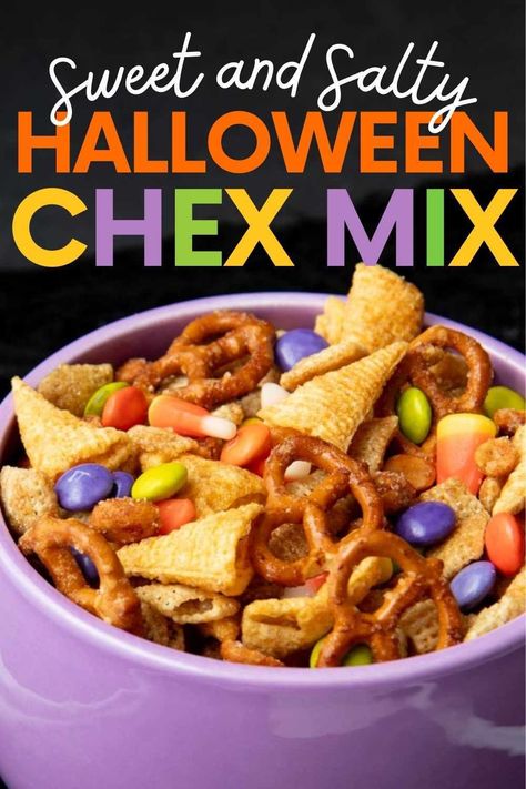 Mix up a batch of this Halloween Chex mix for the most ghostly holiday around. It is perfect for parties! Halloween Trail Mix Recipe Nut Free, Halloween Salty Snacks For Party, Party Snack Mix Recipes, Kids Halloween Party Snacks, Halloween Mix Snack, Chex Mix Recipes Sweet And Salty, Halloween Snack Mix Recipes, Blessing Mix Recipe, Halloween Trail Mix Recipe