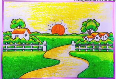 Easy drawing for kids | **Village Scenery Painting Easy 💚** | Facebook Village Scenery Painting, Scenery Painting Easy, Village Scenery Drawing, Kids Village, Easy Nature Drawings, Scenery Drawing For Kids, Easy Drawing For Kids, Easy Scenery Drawing, Village Scenery