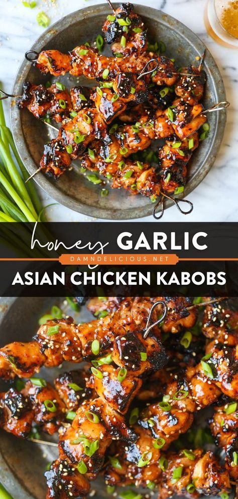 HONEY GARLIC ASIAN CHICKEN KABOBS, summer dinner recipes, grilling recipes Honey Garlic Marinade, Garlic Marinade, Summer Grilling Recipes, Summer Recipes Dinner, Asian Chicken, Summer Eating, Health Dinner Recipes, Honey Garlic, On The Grill