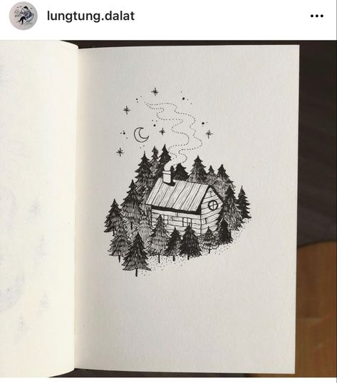 Night Forest Tattoo, The Forest Tattoo, Forest Tattoo Design, Cabin Tattoo, Wood Tattoo, House In The Forest, Forest Tattoo, Jungle House, Forest Tattoos