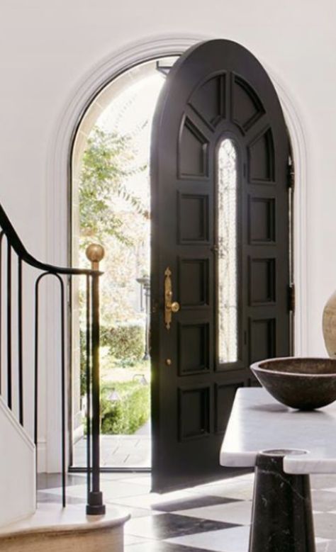 Front Door Gates Entryway, Modern Arched Front Door, Parisian Front Doors, Arch Front Door Exterior Modern, Arch Front Doors, Large Arched Front Door, Black Arch Door, Black Arched Front Door, Front Door Arched Entry