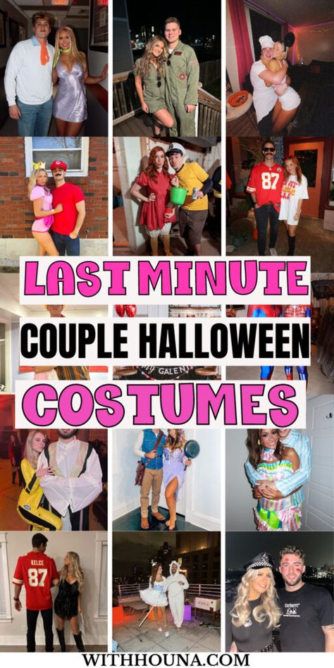 40 Last-Minute Halloween Costumes for Couples You Can Recreate in No Time - With Houna Easy Couples Costume Ideas Diy, Meme Couple Costume, Quick And Easy Couple Halloween Costumes, Easiest Couple Costumes, Quick And Easy Couples Costumes, Cute And Easy Couples Costumes, Easy Diy Couples Costumes For Halloween, Easy Halloween Couple Costumes Diy, Low Effort Halloween Costume Couple