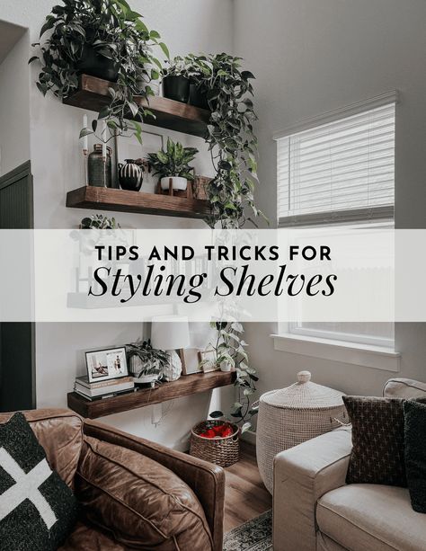 Tips and tricks for styling shelves in your home, along with some of my favorite shelf decor Shelf Ornaments Living Rooms, Decorating A Floating Shelf, Decorate Floating Shelves Living Room, Small Wall Shelf Decor, Black Floating Shelves Living Room, Decorating Shelves In Living Room, Floating Shelf Arrangement Ideas, Decorating Floating Shelves, Shelf Over Window