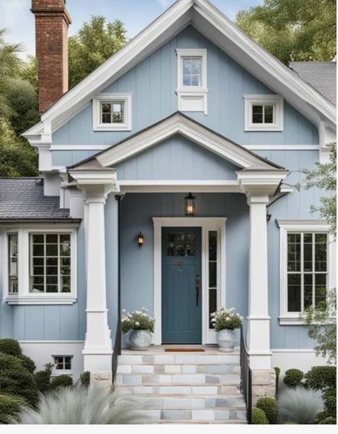 Airy Blue Paint Color, Sw Salty Dog Exterior, Bracing Blue Sherwin Williams Exterior, French Blue House Exterior, Beach House Outdoor Paint Colors, Grayish Blue House Exterior, Cottages Exterior Colors, Sw Blustery Sky Exterior, Pale Blue Exterior House Colors