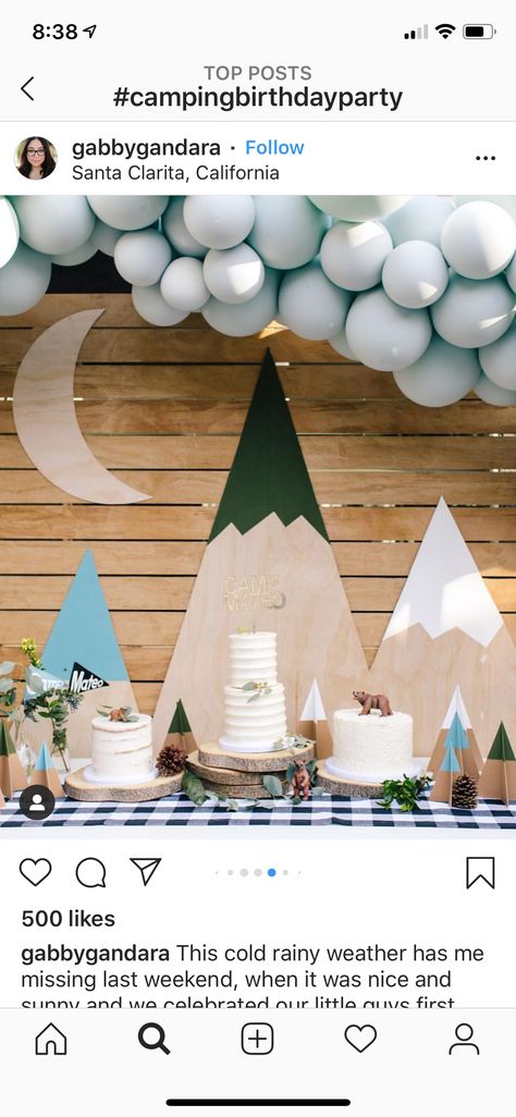 Mountain Balloon Garland, Camping Theme Backdrop, Mountain Theme First Birthday, Mountain Themed Birthday Party, Ski Baby Shower Ideas, Mountain First Birthday, Ski Birthday Party, Mountain Birthday Party, Mountain Party