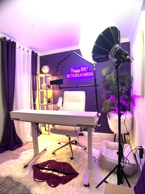 This rooms creates tons of videos for my Youtube channel. It has the perfect lighting & sound treatments. Click the link to get your items too! Youtube Room Setup Beauty, Youtuber Office Ideas, Vlogging Room Ideas, Small Content Room Ideas, Youtuber Set Up Room Ideas, Podcast Room Aesthetic, Office Podcast Studio, Content Creator Office Ideas, Content Room Decor