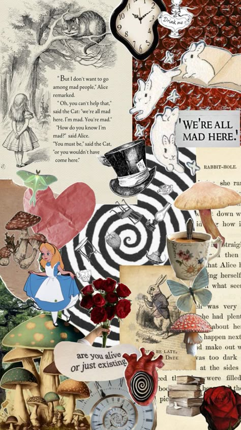 Alice in wonderland collage Alice In Wonderland Collage Wallpaper, Alice In Wonderland Homescreen, Alice In Wonderland Aesthetic Room, Alice In Wonderland Moodboard, Dried Flowers Journal, Alice In Wonderland Color Palette, Alice In Wonderland Aesthetic Wallpaper, Alice In Wonderland Scrapbook, Alice In Wonderland Collage