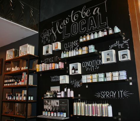 Davines Retail Display, Davines Salon Design, Salon Backroom Ideas, Salon Retail Wall Display Ideas, Hair Salon Product Display Ideas, Retail Shelves Salon, Hair Salon Retail Display, Organic Salon Decor, Hair Salon Retail Display Ideas