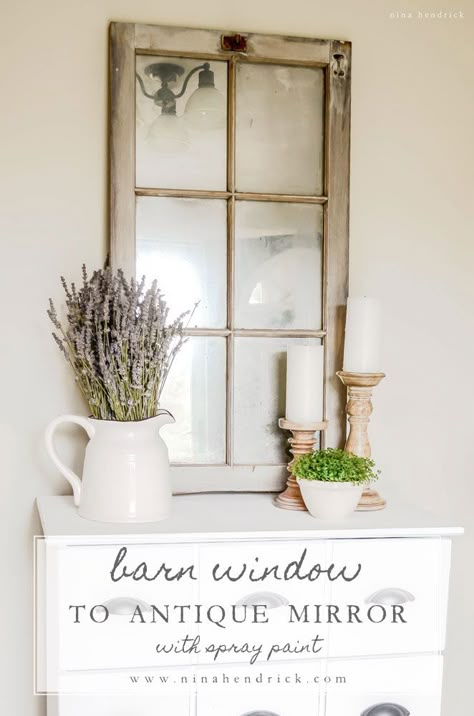 Learn how to transform a barn window to an antique mirror using looking glass spray paint. This is a great idea for all of those old windows I have! Window Mirror Decor, Looking Glass Spray Paint, Glass Spray Paint, Barn Window, Old Window Frame, Antique Windows, European Home Decor, Window Mirror, Diy Window