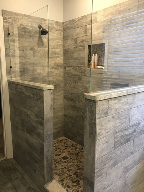 Walk In Shower Ideas Stone, Tile Shower Ideas Walk In Half Wall, Bathroom Walk In Shower Ideas Doorless, Shower Remodel No Door, Walk In Shower On A Budget, Master Bath Walk In Shower Ideas No Door, Walk In Tile Shower Ideas No Door, Small Shower Remodel Walk In, Showers Without Doors Walk In