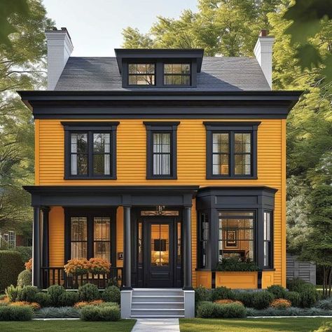 Black And Yellow House Exterior, Creative Exterior House Painting Ideas, Unique House Paint Exterior, Painting House Exterior, Orange House Exterior, Painted House Exterior, Bumblebee House, Craftsman Exterior Paint Colors, Unique Modern House