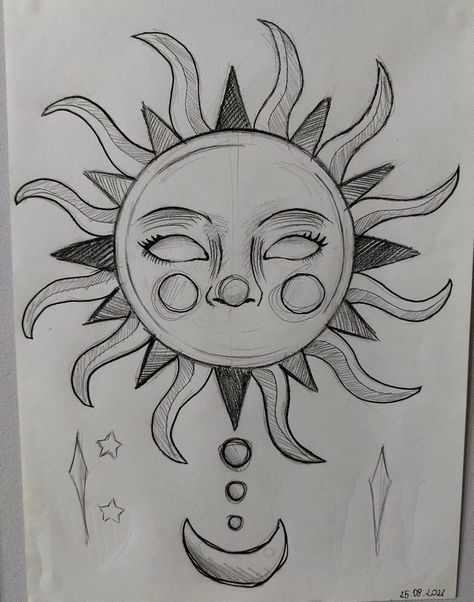 Cool Sun And Moon Drawings, Sun And Mood Drawings, The Sun And The Moon Drawing, Sun With Eyes Drawing, Sun Sketch Aesthetic, Cool Sun Drawings, Sharpie Drawings Ideas Easy, Indie Sun Drawing, Creepy Sun Drawing