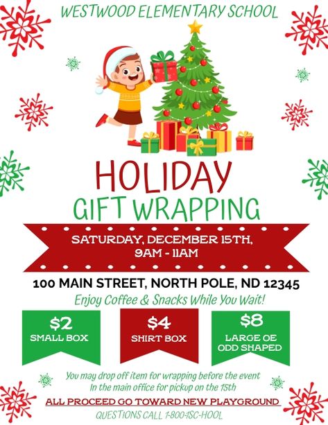 Gift Wrapping Fundraiser, Community Project Ideas, Sustainable Marketing, Holiday Gift Wrapping, Coffee Snacks, School Template, Event Template, Promotional Flyers, Enjoy Coffee