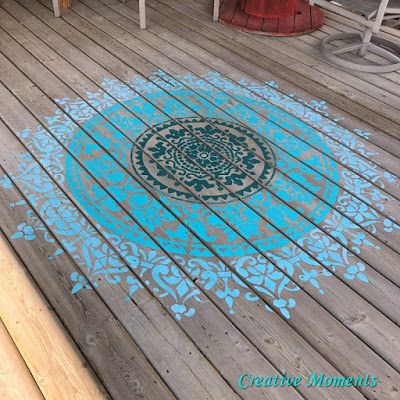 Stenciled Deck Rug Deck Rug, Painted Wood Floors, Large Wall Stencil, Mandala Rug, Deck Paint, Stencil Painting On Walls, Mandala Stencils, Painted Floor, Porch Flooring