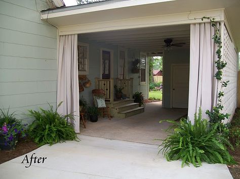 The simple curtains I made from 6'x9' painters drop clothes purchased 2 in a pack from
Home Depot for only $9.99.  They were the perfect size.  I held the panel up to determine where 
to put my cup hooks on either side of the carport opening.  I loosely pleated the top edge 
of the curtain then poked a hole through the layers with an exacto knife.  
Then, I just threaded the holes onto the hooks. Carport Decor, Mobile Home Remodel Exterior, Carport Makeover, Carport Patio, Building A Porch, Side Yards, Simple Curtains, Remodeling Mobile Homes, Potting Sheds