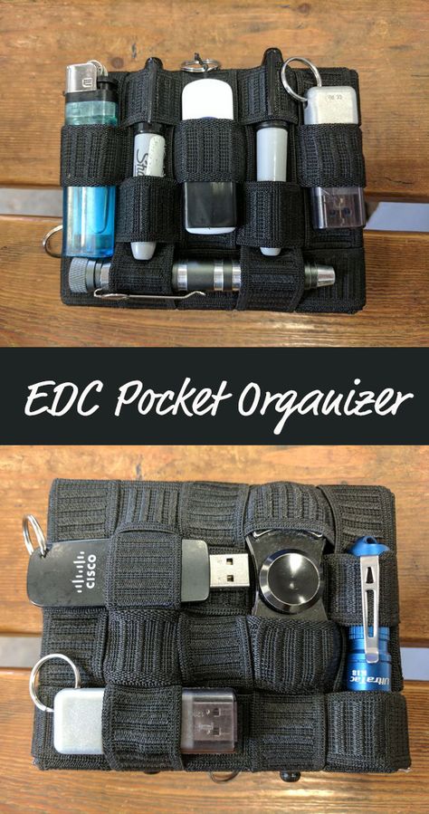 This is a simple elastic grid organizer designed to fit in the side pocket of my cargo pants. you can tweak the design to make it whatever size you want. you can use wider elastic, or if you need a larger area, you can weave it so that there is a double wide section. Grid Organizer, Book Reader Gifts, Edc Gadgets, Survival Bag, Paracord Projects, Pocket Organizer, Edc Tools, Art Bag, Edc Gear