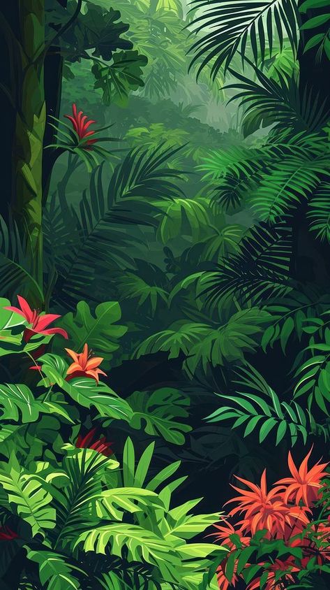 Tropical Tree Illustration, Simple Jungle Painting, Tropical Mural Wallpaper, Jungle Painting Easy, Tropical Forest Illustration, Tropical Plants Painting, Tropical Forest Painting, Vegetation Illustration, Leaves Iphone Wallpaper