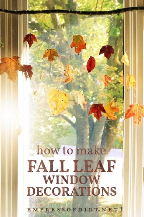 This window hanging is made from beeswax-dipped leaves, perfectly preserving the beauty of autumn. Diy Halloween Window Decorations, Fall Window Decorations, Window Decor Diy, Leaf Mobile, Natural Fall Decor, Fall Leaf Decor, Autumn Leaves Craft, Mobile Craft, Leaf Projects