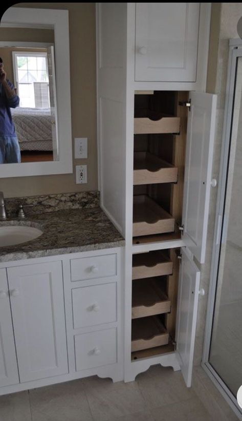 Bathroom Sink Base Cabinet Ideas, Cabinets On Bathroom Counter, Bathroom Cabinets Built In, Linen Bathroom Cabinet, Built In Linen Closet With Hamper, Bathroom Tower Cabinet Ideas, Bathroom Tall Storage Cabinet, Bathroom Hamper Cabinet Built Ins, Bathroom Mood Board Inspiration Master Bath