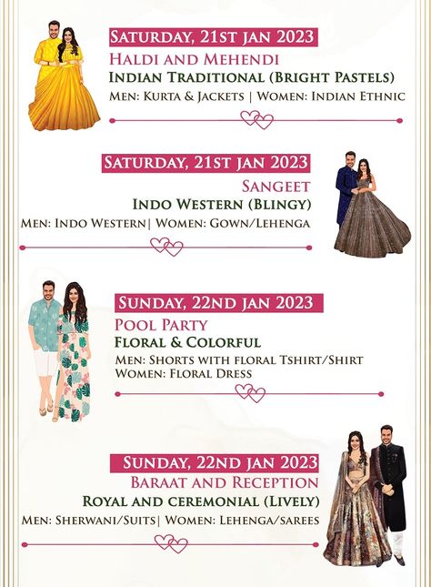 wedding wardrobe planner Indian Wedding Wardrobe Planner Template, Indian Wedding Dress Code Invitation, Wardrobe Planner For Indian Wedding, Wardrobe Template, Gemini Wallpaper, Caricature Wedding Invitations, Wedding Invitation Designs, Wedding Timeline Template, Wedding Card Design Indian