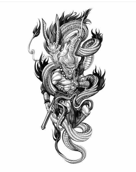 Sun Wukong Tattoo Design, Son Wukong Tattoo, Monkey King Tattoo Design, Wukong Tattoo Design, Sun Wukong Tattoo, Wukong Tattoo, Monkey King Tattoo, Tato Lengan Bawah, Half Sleeve Tattoos Sketches