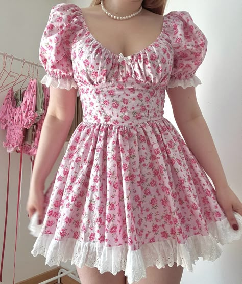 Alice dress in pink rose print. Handmade to your measurements in England :) Ethical, size inclusive and worldwide shipping is available #frilie Dolled Up Outfits, Doll Style Outfits, Heart Dress Outfit, Fairy Core Outfits, Floral Dress Fashion, Pastel Dark, Alice Dress, Clothing Pattern Design, Skirt Tops