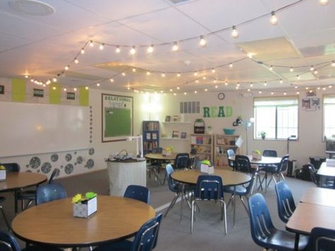 Professional Development Room!!!! Faculty Lounge Makeover, Lamps In Classroom, Classroom Lights Ideas, Christmas Lights In Classroom, Classroom String Lights, Christmas Lights Classroom, String Lights In Classroom, Classroom Lamps, Zen Classroom Decor