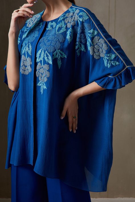 Buy Blue Georgette Embellished Floral Motif Round Freesia Kaftan Tunic For Women by Namrata Joshipura Online at Aza Fashions. Blue Kaftan, Co Ords Outfits, Kaftan Tunic, Tunics Online, Trendy Fashion Tops, Embroidery Blouse Designs, Fashion Attire, Kurta Designs, Western Dresses