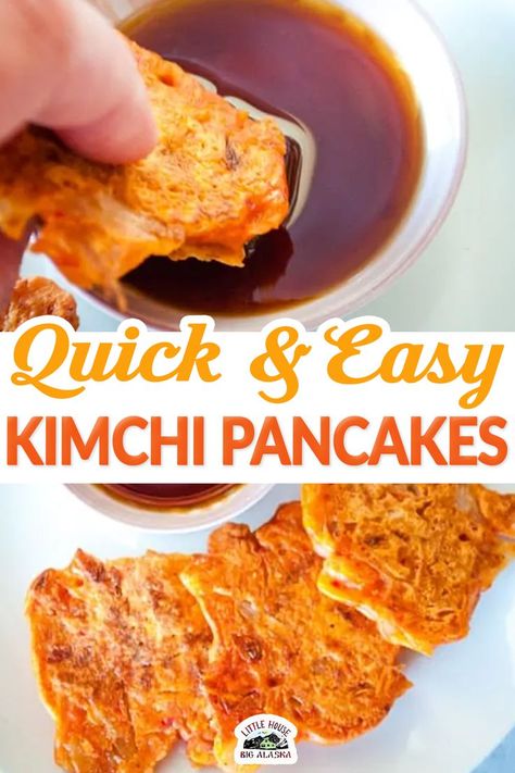 Quick and Easy Kimchi Pancakes are a vegetarian, but not vegan, pancake or fritter. Kimchi is mixed with a batter and lightly fried for snacks or a light meal. Think along the lines of a vegetarian zucchini fritter but with more flavor and zest! The kind of spicy, tasty, want to eat it all, food that makes it hard to be polite when sharing with your husband. Yeah, that kind of good. | @LttlHouseBigAK #kimchipancakes #vegetarianfritter #kimchirecipes Kimchi Snack Ideas, Kimchi Pancake Recipe Easy, Kimchee Pancake, Kimchi Fritters, Kimchi Pancake Recipe, Fried Kimchi, Korean Pancake Recipe, Pancake Batter Recipe, Kimchi Pancakes