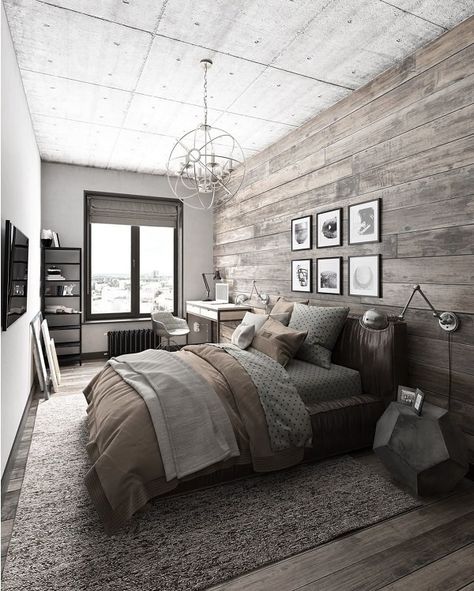 Let your room is full of materials that are associated with comfort, such as wood, warm blankets, lamps… Modern Rustic Bedrooms, Industrial Bedroom Design, Design Ložnic, Cozy Bedroom Design, Rustic Bedroom Design, Bold Decor, Hus Inspiration, Couple Bedroom, Interior Design Magazine