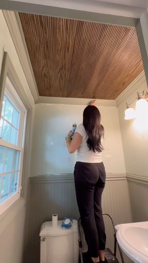 53K views · 8K reactions | This DIY chapter is titled: The girl who put pole wrap on her ceiling 

#diy#bathroomreno#bathroomdecor #bathroomrenovation#powderroomdesign #powderroomrenovation#powderroomrevamp#mom#sahm#momswhodiy | Paige Cesare Pole Wrap On Ceiling, Pole Wrap Ceiling, Basement Pole Cover Ideas, Basement Pole Covers, Basement Poles, Ceiling Diy, Powder Room Renovation, Pole Wrap, Tongue And Groove Ceiling