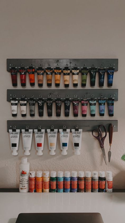 Wall Shelves For Art Supplies, Art Supplies Shelf Organization, Art Supply Wall Storage, Small Scrapbook Room Ideas, Painting Studio Storage, Art Room Makeover, Mini Art Studio At Home, Art Wall Organization, Art Studio Bedroom Ideas Small Spaces