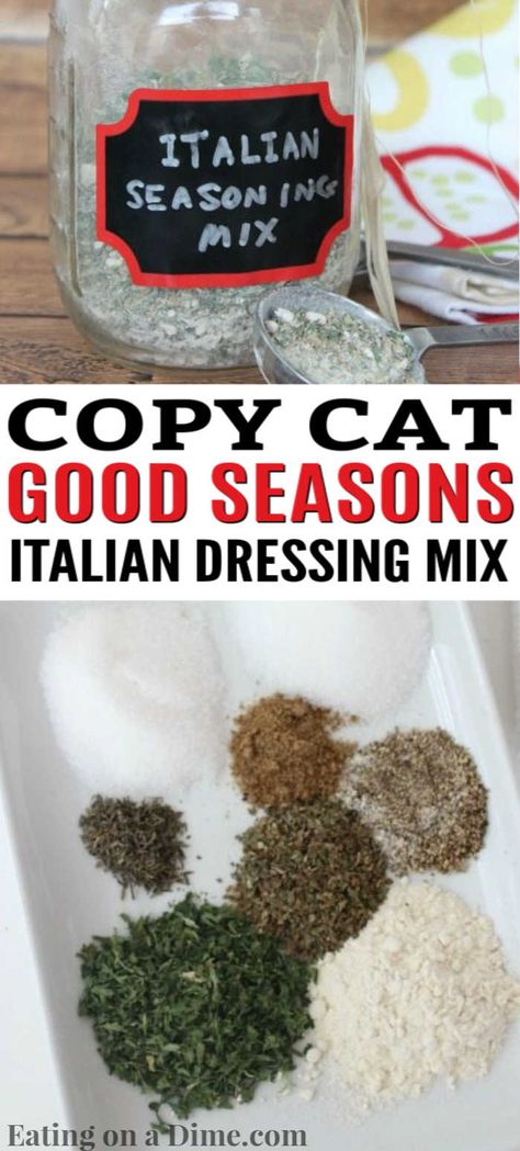 This Copycat Good Seasons Italian Dressing Mix recipe is easy to make and saves you a ton of money. Use it for more than just dressing! How to make homemade Italian dressing recipe dry mix. Check out this DIY recipe to make zesty Italian Dressing Mix. #eatingonadime #diyseasoningmixes Dry Italian Salad Dressing Recipe, Homemade Italian Dressing Seasoning, Italian Dressing Seasoning Recipe, Italian Dry Dressing Recipe, Homemade Dry Italian Dressing Seasoning, How To Make Homemade Italian Dressing, Diy Good Seasons Italian Dressing, Diy Dry Italian Dressing, Italian Dressing Seasoning Mix Recipe