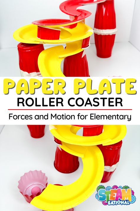 Paper Plate STEM: Roller Coaster Design Challenge for Elementary 11 Physics Roller Coaster Project, Build A Roller Coaster Stem, Paper Plate Roller Coaster, School Age Projects, Fun School Age Activities, Steam Camp Ideas, Roller Coaster Project Ideas, May Stem Activities Elementary, Elementary Class Activities