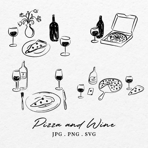 Pizza Doodle, Pizza Y Vino, Pizza Illustration, Wine Glass Tattoo, Wine Pizza, Wine Illustration, Pizza And Wine, Pizza Drawing, Wine And Pizza