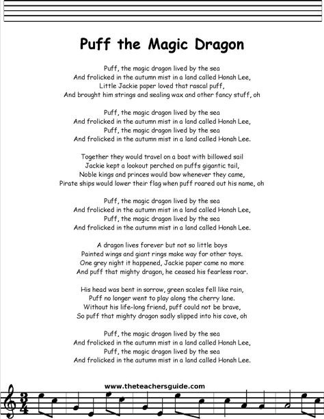 Puff the Magic Dragon Lyrics, Printout ... Camping Songs, Lullaby Lyrics, Closing Circle, Nursery Rhymes Poems, Peter Paul And Mary, Bedtime Songs, Nursery Rhymes Lyrics, Kids Rhymes, Puff The Magic Dragon