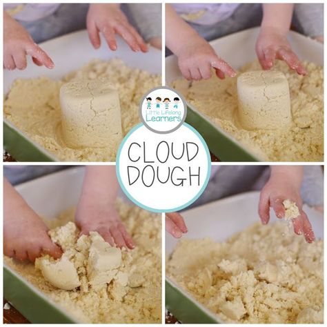 Messy Play For Babies, Toddler Messy Play, Recipe Crafts, Cloud Dough Recipe, Cloud Dough Recipes, Tuff Tray Ideas Toddlers, Messy Play Activities, Cloud Dough, Baby Sensory Play