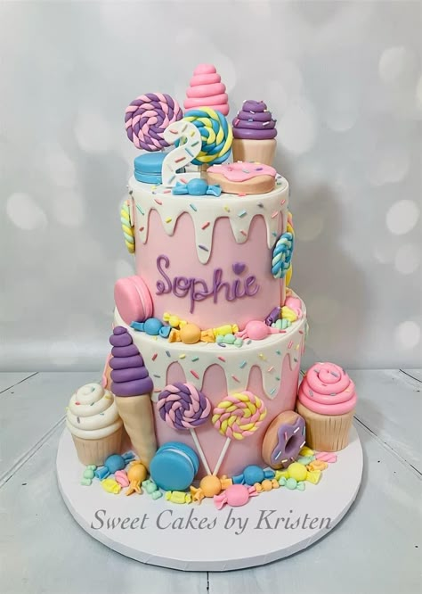 Ice Cream Candy Birthday Theme, Four Ever Sweet Cake Ideas, 4ever Sweet Birthday Cake, Pastel Candy Land Party, Candyland 2nd Birthday Party, Candy Land Smash Cake, Candy Land Theme Birthday Party, A Sweet One Birthday Cake, 1st Birthday Candyland Theme