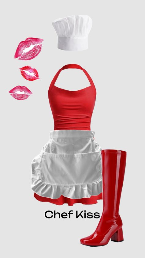 Chef kiss Halloween costume #halloween #halloweenaesthetic #halloweencostume #halloweeninspo #halloweencostumeinspo Pinup Halloween Costume, Kiss Halloween Costumes, Cute Easy Halloween Costumes, Kiss Costume, Chef Costume, Chef Kiss, Hot Halloween Outfits, Halloween Coustumes, Pretty Halloween Costumes