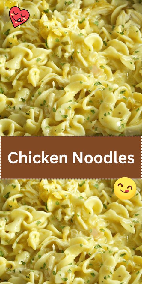 Savor the classic flavors of Chicken Noodles. Tender chicken and egg noodles in a flavorful broth, perfect for a comforting and satisfying meal. Egg Noodles In Chicken Broth, Creamy Chicken With Egg Noodles, Chicken Noodles With Egg Noodles, Slow Cooker Amish Chicken And Noodles, Chicken And Egg Noodles Crockpot, Egg Wide Noodles Recipes, Crockpot Chicken And Noodles Easy, Easy Chicken And Egg Noodles Recipe, Egg Noodle And Chicken Recipes