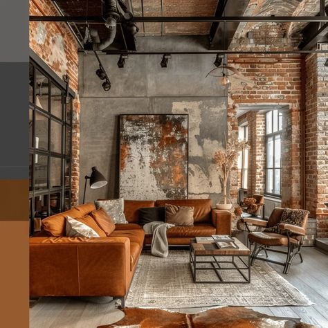 Industrial Wall Living Room, Industrial Sheek Decor, Loft Color Palette, Soft Industrial Decor, Exposed Brick Loft, Industrial Chic Living Room, Industrial Loft Apartment, Loft Apartment Industrial, Industrial Farmhouse Living Room