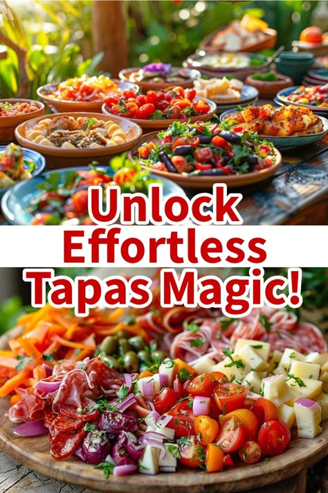 Colorful variety of tapas dishes displayed on a wooden table, perfect for an appetizer party. Tapas Serving Ideas, Spanish Tapas Party Decorations, Simple Tapas Ideas, Easy Tapas Ideas, Tapas Ideas Party, Tapas At Home, Tapas Recipes Easy, Tapas Dinner Party, Healthy Tapas