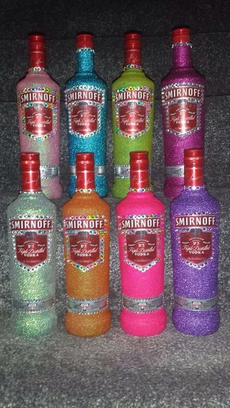 Pretty Alcohol Bottles, Smirnoff Bottle, Alcohol Bottle Decorations, Glitter Alcohol, Bedazzled Liquor Bottles, Bedazzled Bottle, Alcohol Bottle Crafts, Decorated Liquor Bottles, Glitter Wine Bottles