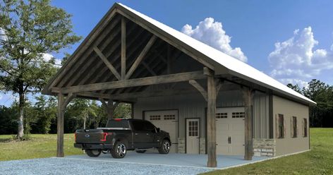 Shop With Overhang, Metal Garage With Carport, Shop With Carport, Metal Shop With Carport, 30x40 Pole Barn Garage, Pole Barn Storage Ideas, Black Pole Barns, Metal Storage Building, 30x40 Pole Barn